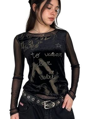 Vintage Daniel Meyer Mesh Top Women Medium Black Velvet Rhinestone